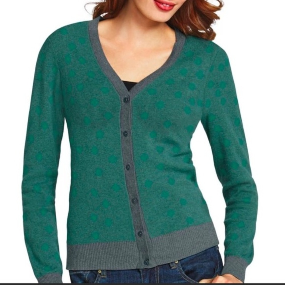 CAbi 903 Green and Gray Polka Dot Cardigan Sweater